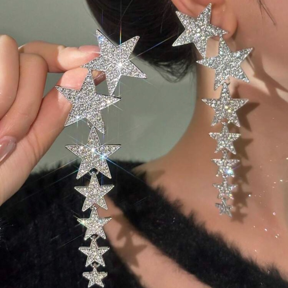 Andkiss 1 Pair Crystal Star Tassel Earrings, Suitable For Everyday Wear